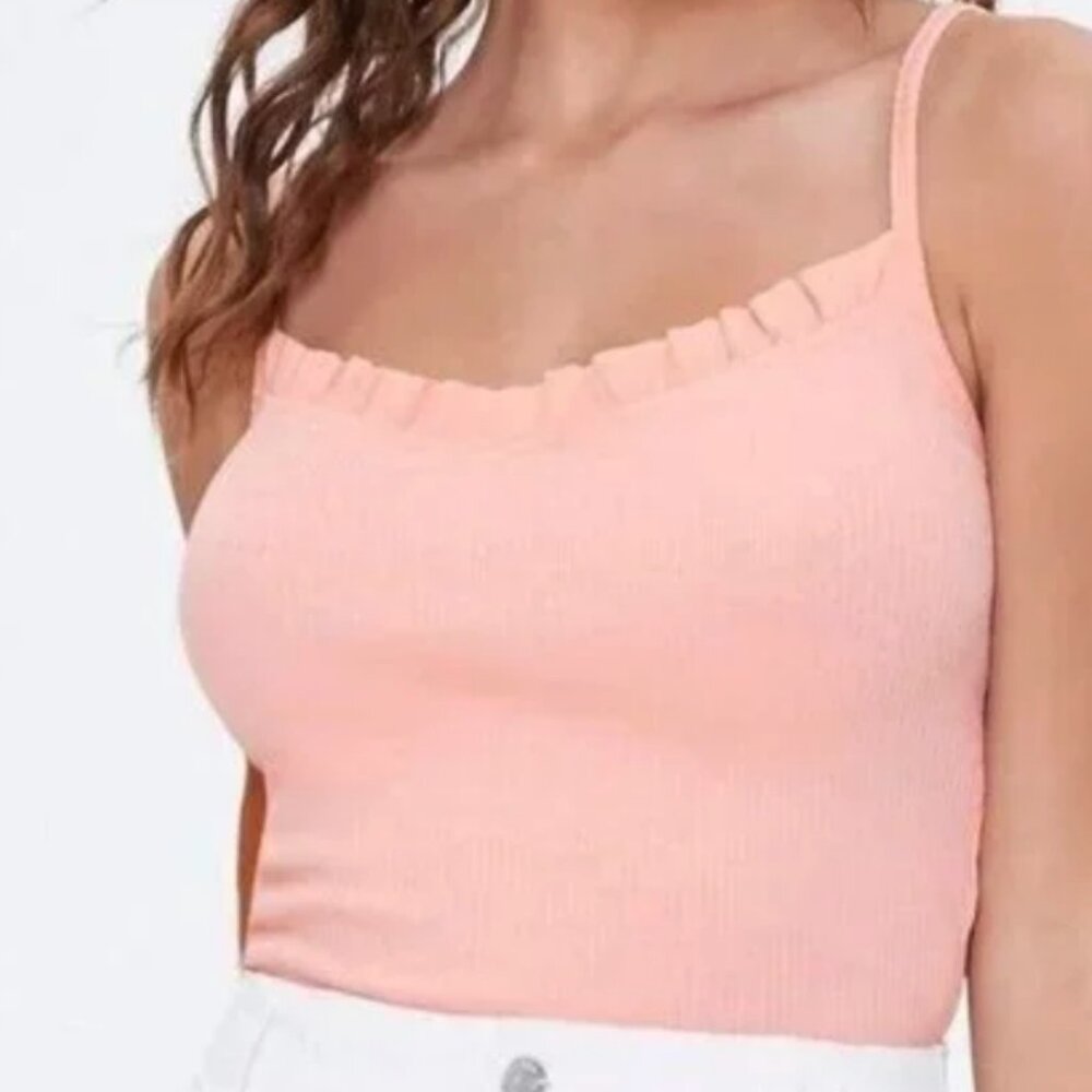 Peach Ruffle Sweetheart Neck Line Tank Top Cropped